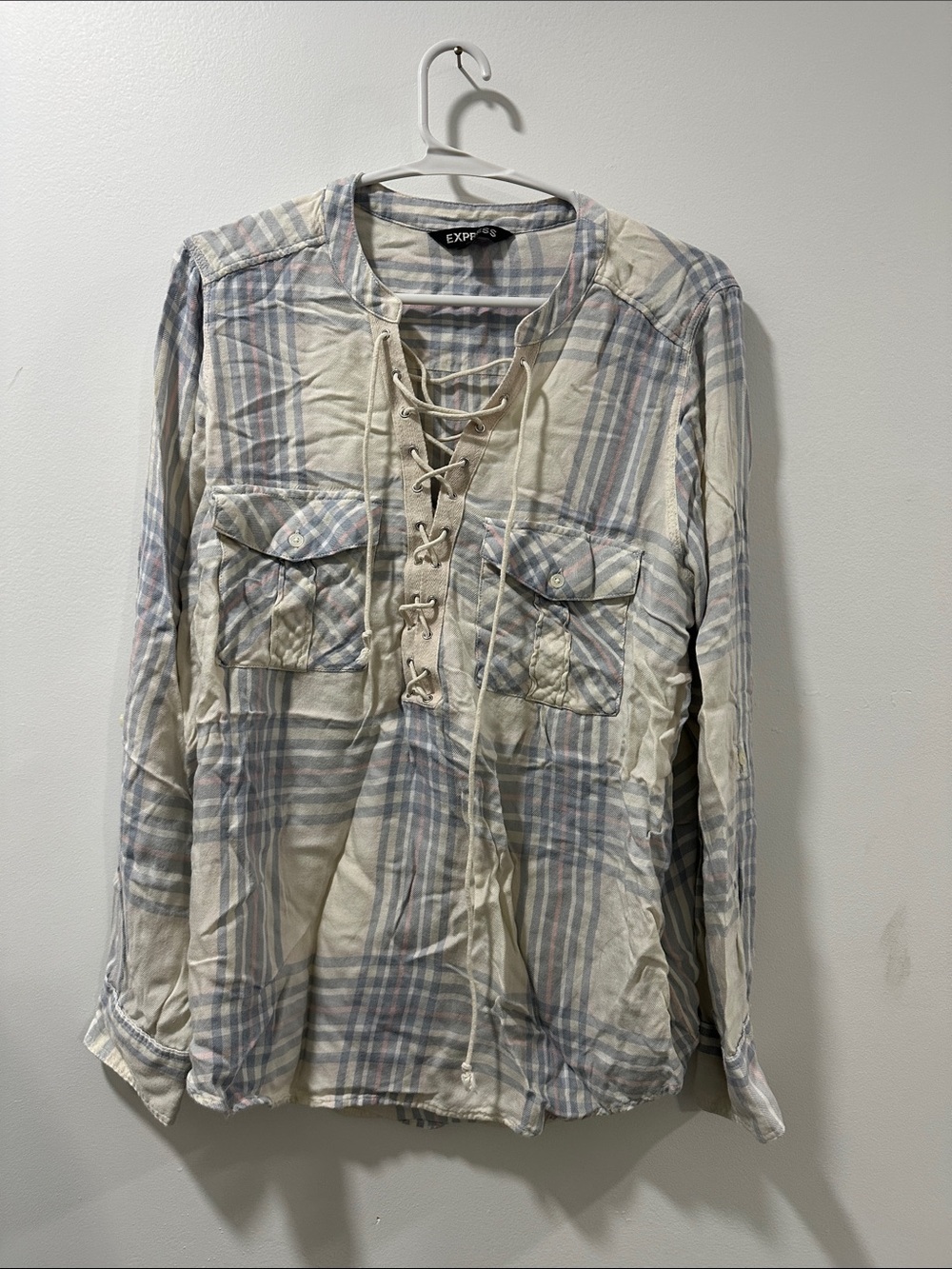 Express Lace-Up Plaid Button-Pocket Shirt - Cream & Light Blue